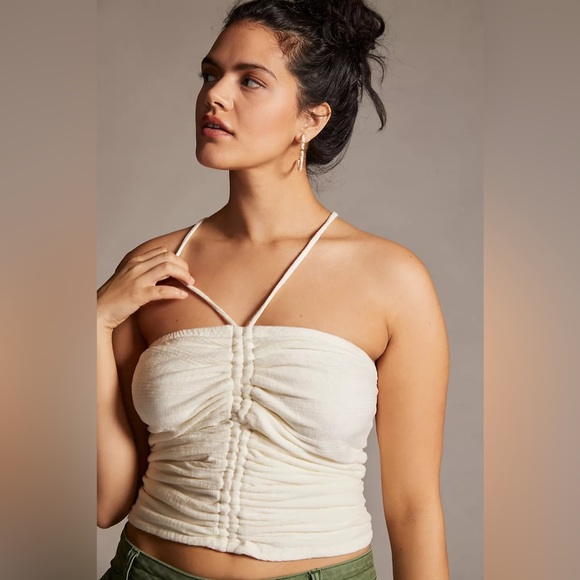 NWT ANTHROPOLOGIE Pilcro Ruched Ribbed Halter Top Cream Colored Size Small - Picture 2 of 8
